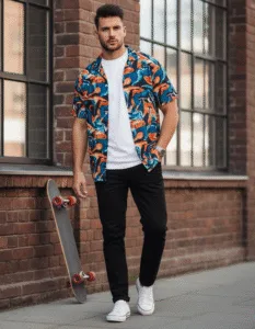 Kemeja pria warna hitam dengan saku besar di dada dan patch desain di bagian lengan