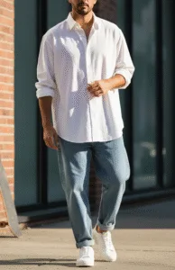Tren Kemeja pria 2025 oversized warna putih dipadukan dengan celana jeans biru muda