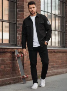 Kemeja pria warna hitam dengan saku besar di dada dan patch desain di bagian lengan