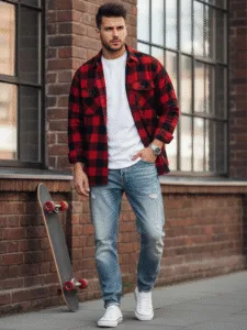 Tren Kemeja Pria 2025 flanel kotak-kotak merah dengan kaos putih di dalam.