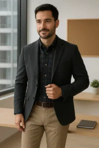 Seorang pria yang sedang di kantor dengan mengenakan kemeja flanel di lapis dengan jas